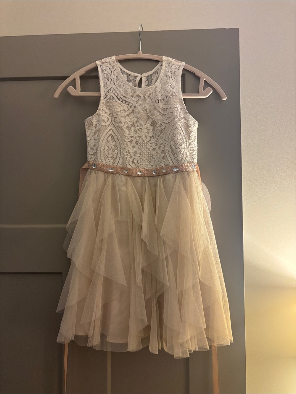 Rare Editions Ivory Lace Top with Gold Tulle Skirt Girls' Dress
